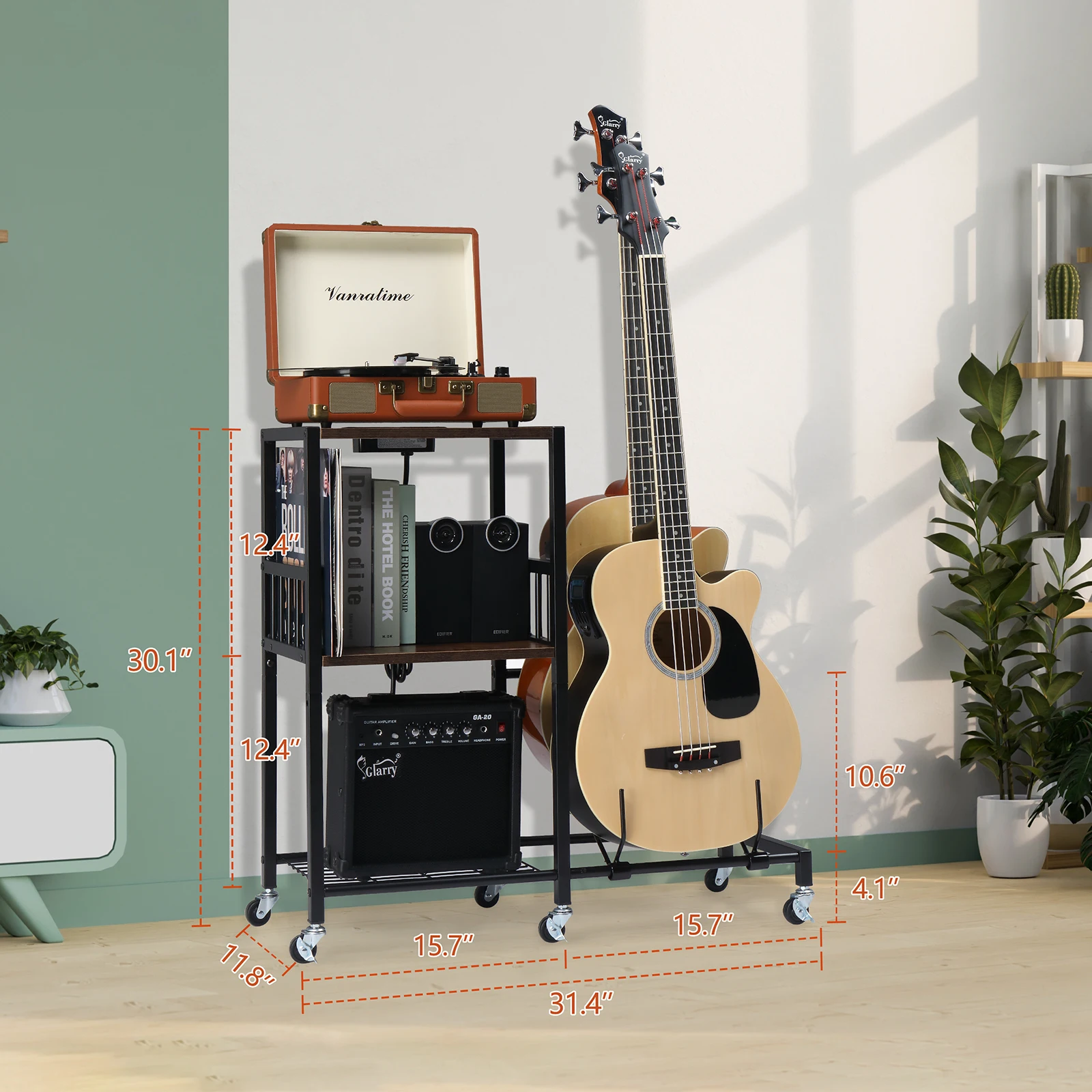 Multi functional guitar stand with socket bottom wheel, black