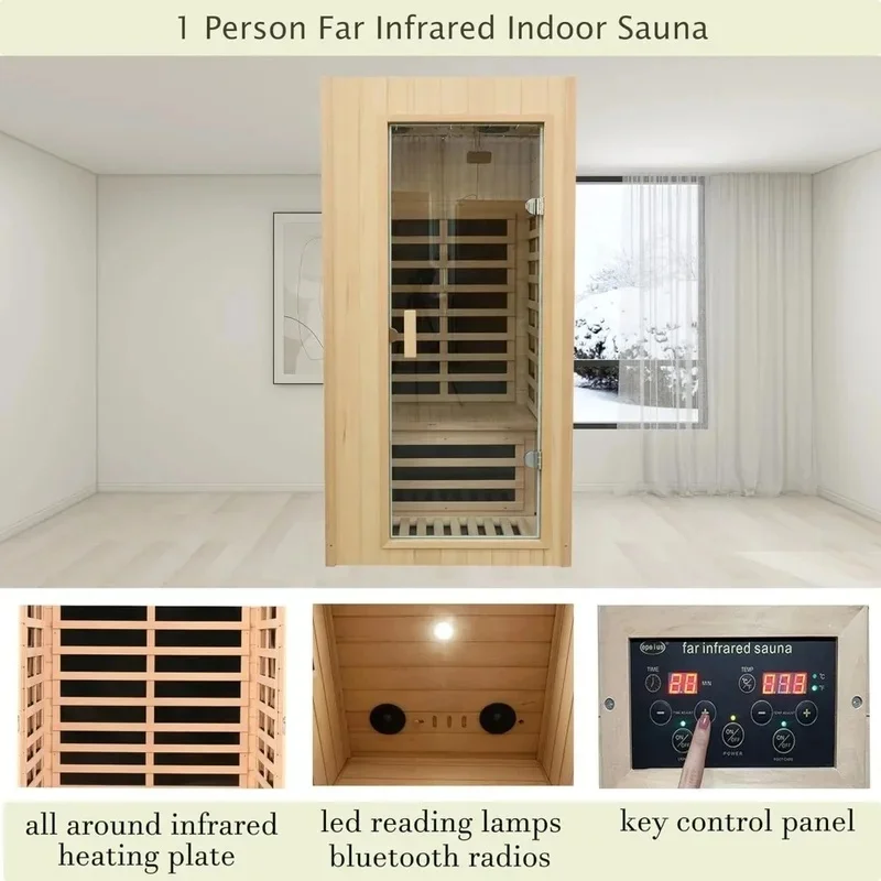 Indoor Far Infrared Sauna for One, Hemlock Wood Construction, 1,300 Watt Power, Low EMF Levels, Bluetooth Connectivity
