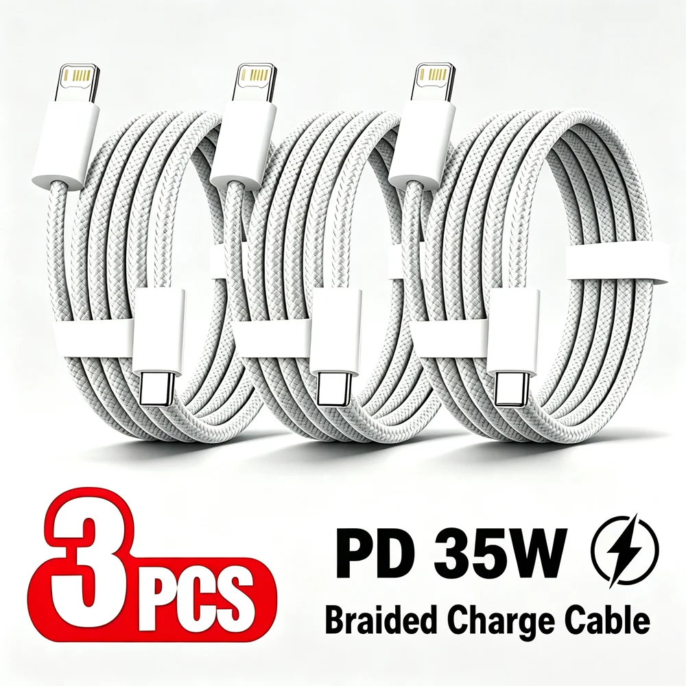 3PCS PD 35W Braided Fast Charging Cable For iPhone 11 12 13 Mini 14 Pro Max 8 14 Plus X XR XS Max Rapid Charge USB-C Data Cables