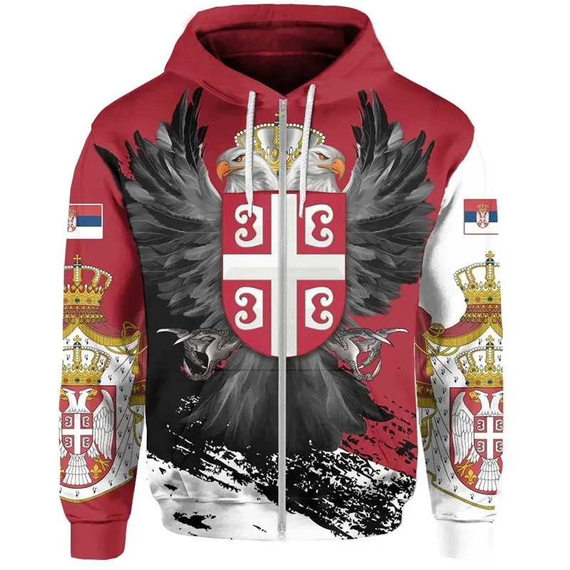 Fashion Casual Serbia Flag Pattern Everyday Mens Hoodies Long Sleeve Serbian National Emblem All Over Print Zip Hoodie Pullovers