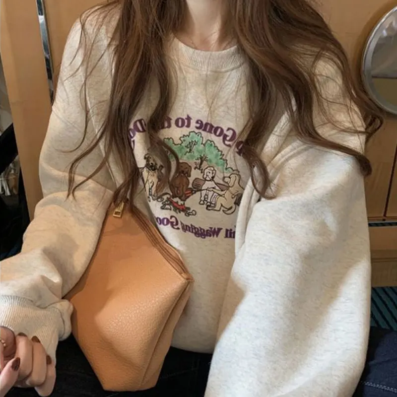 

American Fashionable Printed Sweatshirts Women's Clothing Casual O-Neck Autumn Winter New Fleece Loose Basic Long Sleeve Hoodies