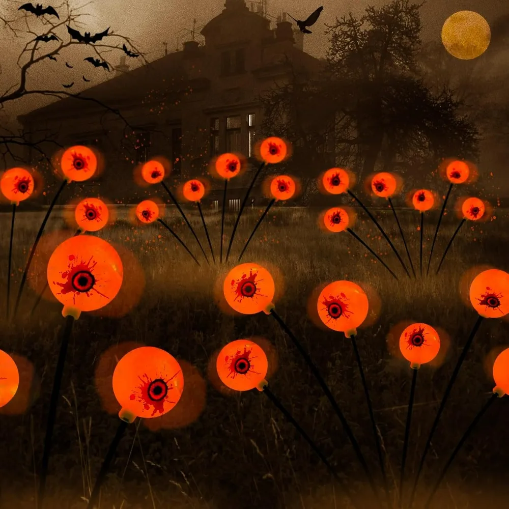 【2 Packs】12LED Scary Bleeding Eyeballs Solar-Lamps Waterproof Swaying Firefly Lights for Halloween Party Decor