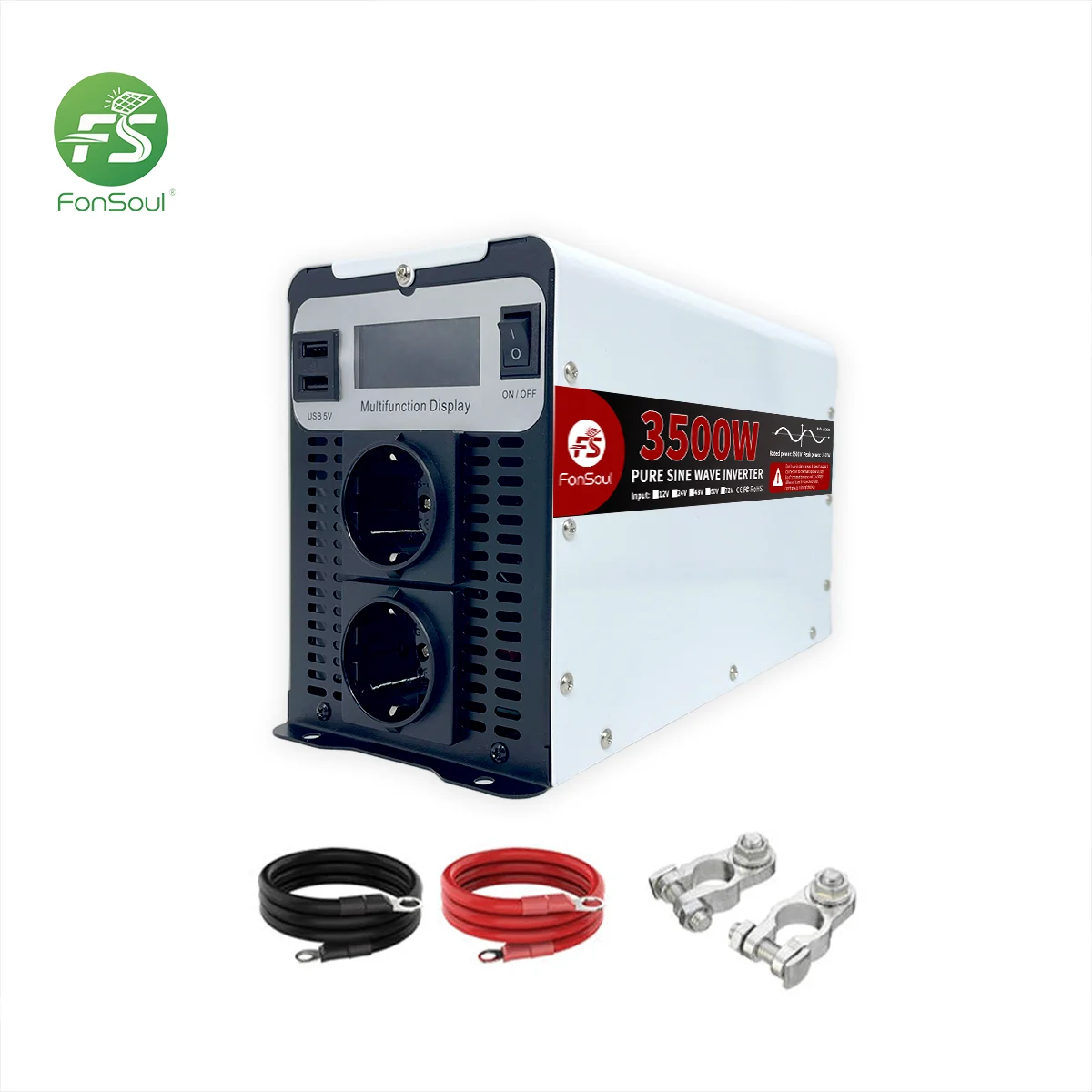 Fonsoul Inverter 3000W Pure Sine Wave DC 12V 24V to AC 110V 220V/230V Camping Home Appliance & Automotive Use Two Europe Outlets
