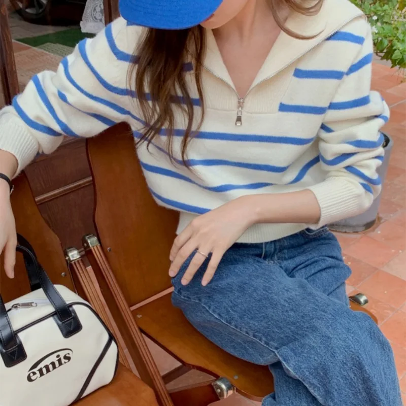 Winter Vintage Fashion Women Sweater Half Zip Striped Casual Sailor Collar Korean Knitted Pullover Tops Autumn Elegant Knitwear