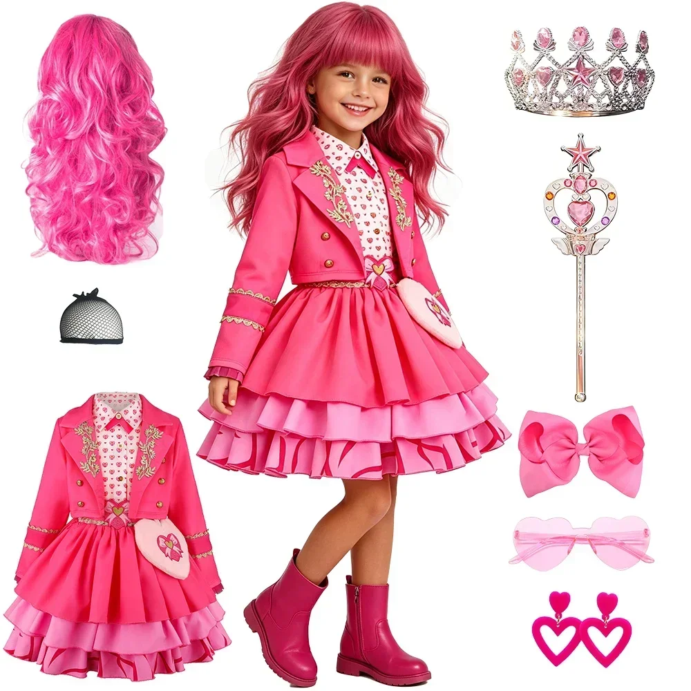 2026 Descendants Girls Princess Pink Costume Halloween Retro Long Sleeve Blazer Sweet Tiered Dress Birthday Party Fancy Outfit view 5