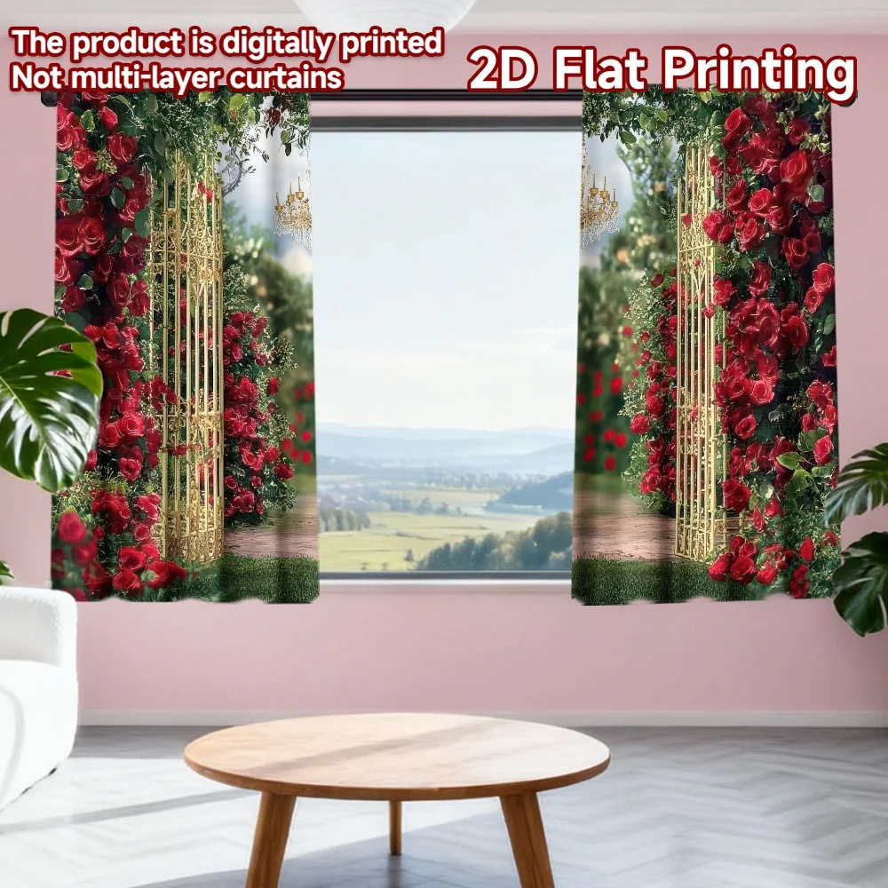 

2D flat printing 2pcs Drapes Romantic Rose Garden Gate Digital Printed Polyester Drapes Holiday Decorations Perfect for All