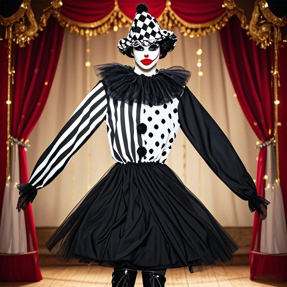 Vintage Clown Bold Schwarz Weiß Polka Dots Stripes Kostüm für Karnevalspartys Einzigartiger Showstopper mit Zirkusmotiv