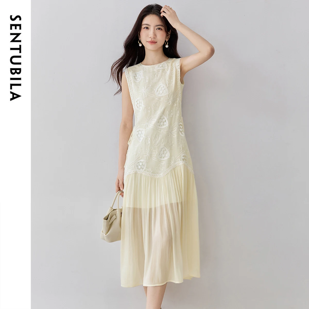 

‌SENTUBILA Women's Floral Embroidery Dress 2025‌ Summer Sundress Elegant Short Sleeveless Resort Dresses Woman Clothes Q52LO16