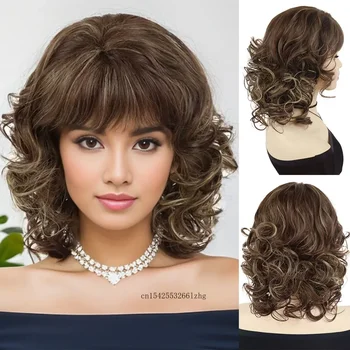 GNIMEGIL สังเคราะห์ผู้หญิง Curly วิกผม Bangs ขนาดกลางผสมสีน้ําตาลปุยผม Elegant หญิงวิกผมคอสเพลย์ปาร์ตี้ฮาโลวีนทุกวัน
