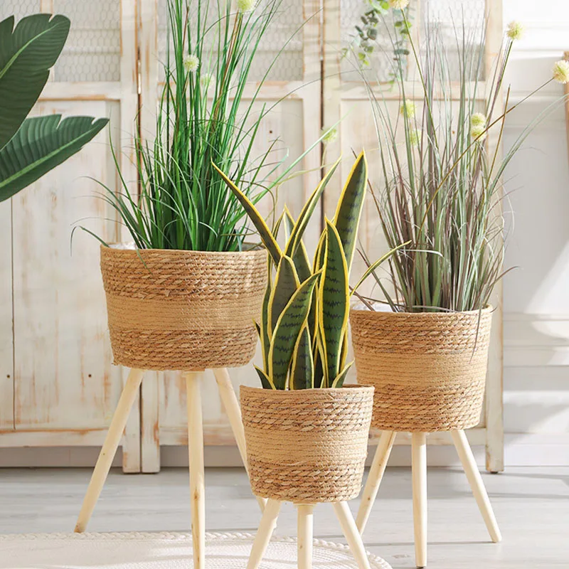 Woven Storage Basket Rattan Straw Basket For Garden Terraces Planter Basket Grass Flower Pot Mini Woven Plant Flower Basket