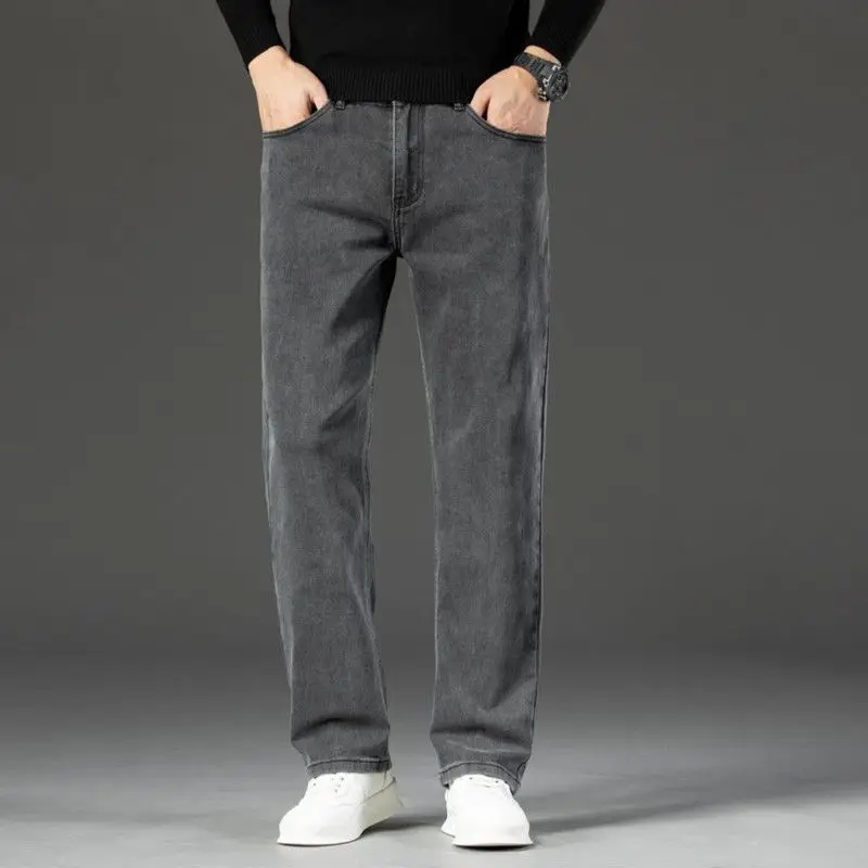 Men Straight Leg Denim Jeans Vintage Washed Loose Fit Classic Casual Long Pants