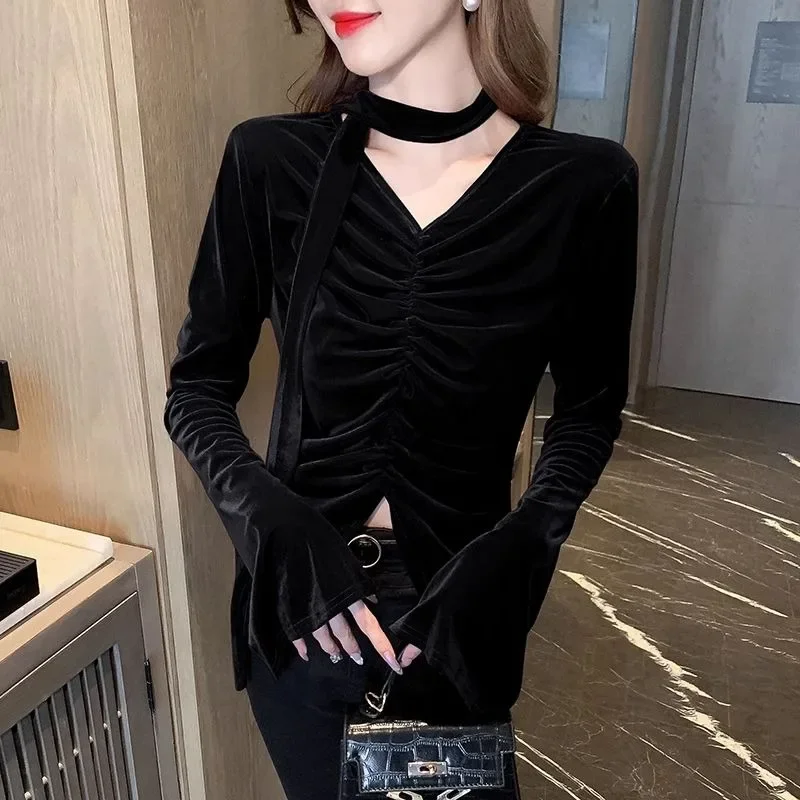 Chemises et chemisiers noirs à col en V pour femmes, Vintage, moderne, nouveau, élégant et jeunesse, haute qualité, manches longues, luxe, meilleure vente, 2025