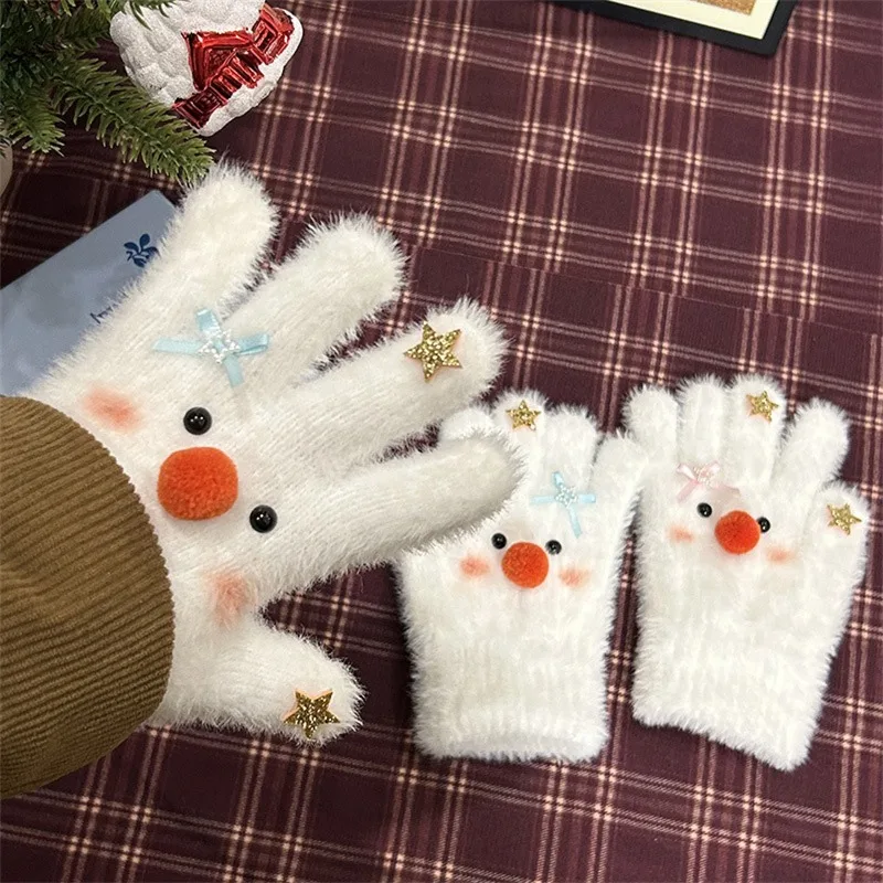 Women'S Winter Mittens Cute Snowman Star Bow Plush Warm Funny Full Fingers Gloves