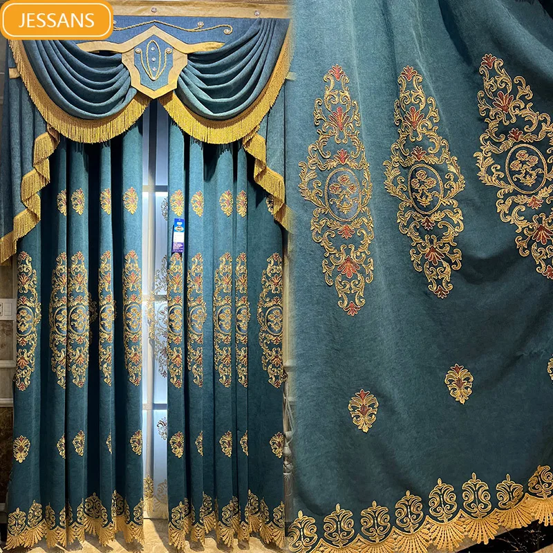 

Blue Water Soluble Embroidery Window Screen Chenille Curtains for Living Room Bedroom French Window Balcony Window Customized