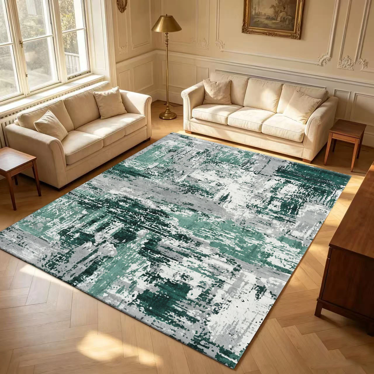Green Grey Distressed Abstract Brushwork Carpet Flooring Modern Art Area Rug for Living Room Indoor Home Decoration