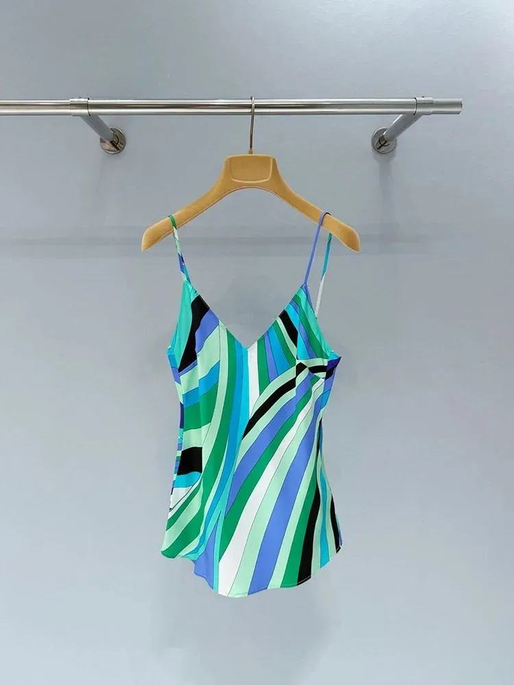 Summer Fashion Beach Style Geometric Print Silk Spaghetti Strap Top Women's Sexy Strapless High Waist Slim Tops