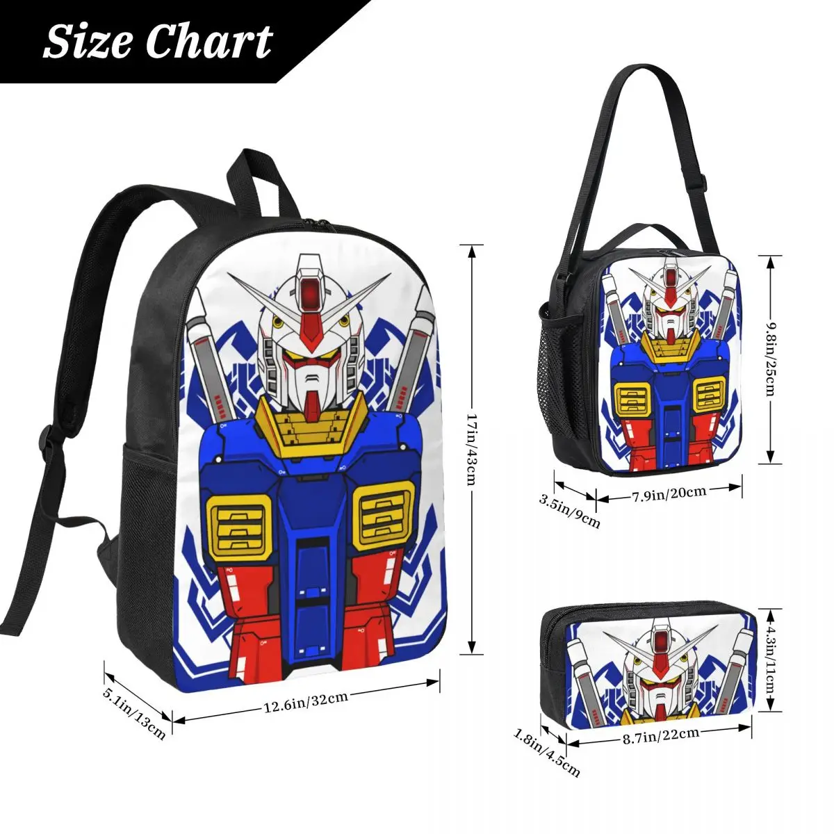 3Pcs Mobile Suit Gundams School bags Set Pen Bags Backpack Sets with Lunch Box For School Students Daypack