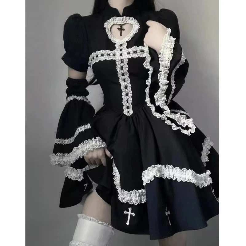 Harajuku Maid Kawaii Lolita Dress Women Costumes Hollow Out Aesthetic Cosplay Lace Trim  Clorim Party Gothic Clothes Dress Woman