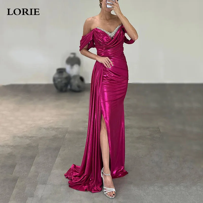 

LORIE Hot Pink Beaded Mermaid Evening Dres Off Shouldr Saudi Arabia Pleats Prom Gowns Satin Tiered Normal Evening Party Dress