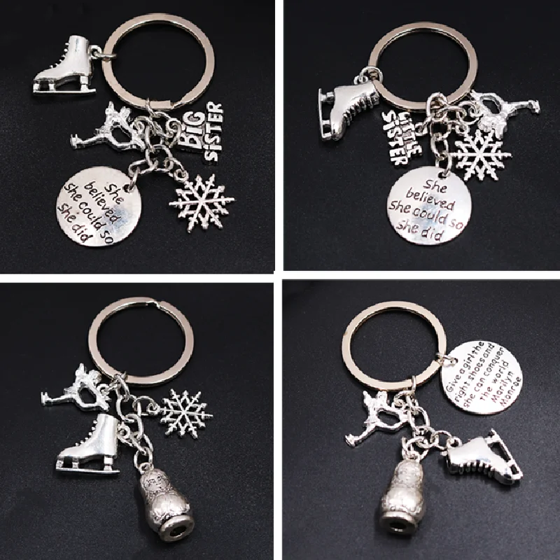 Girl Figure Skating Winter Sports Gifts Inspirational Metal Keyring DIY Charm Big/Litter Sister Skates Snowflake Keychain P72