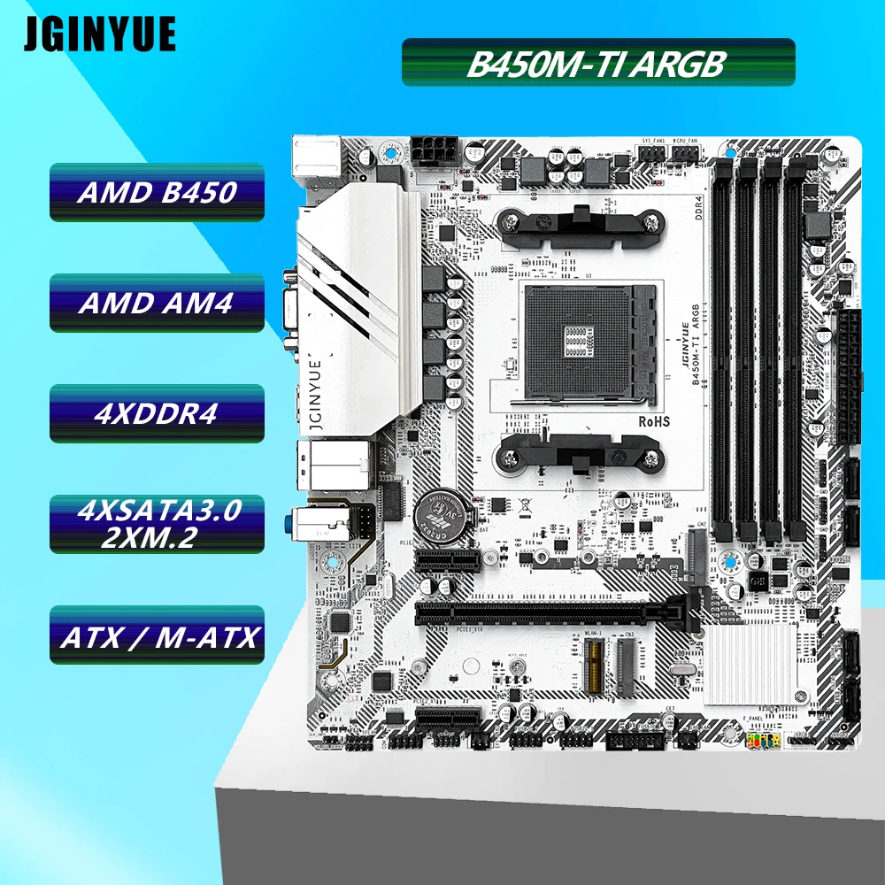 

JGINYUE B450M-TI ARGB Motherboard, AMD AM4 Processor, Dual-Channel 4*DDR4 Memory 64GB, 4xSATA3.0 6Gbps, 2xM.2 Nvme, Micro ATX
