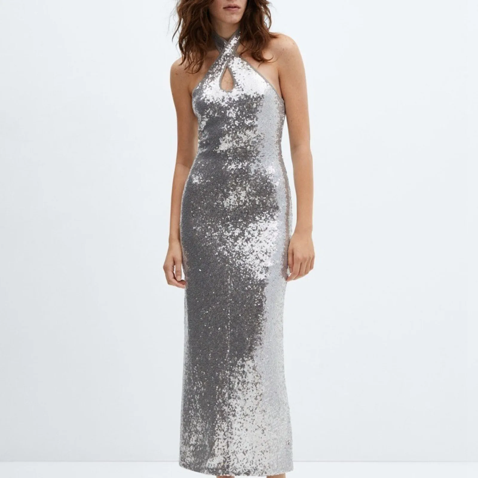 

Women's Sexy Backless Hollow Out Sleeveless Dress Fashion Crossover Hanging Neck Sequin Dresses Elegant Long Party Dresses