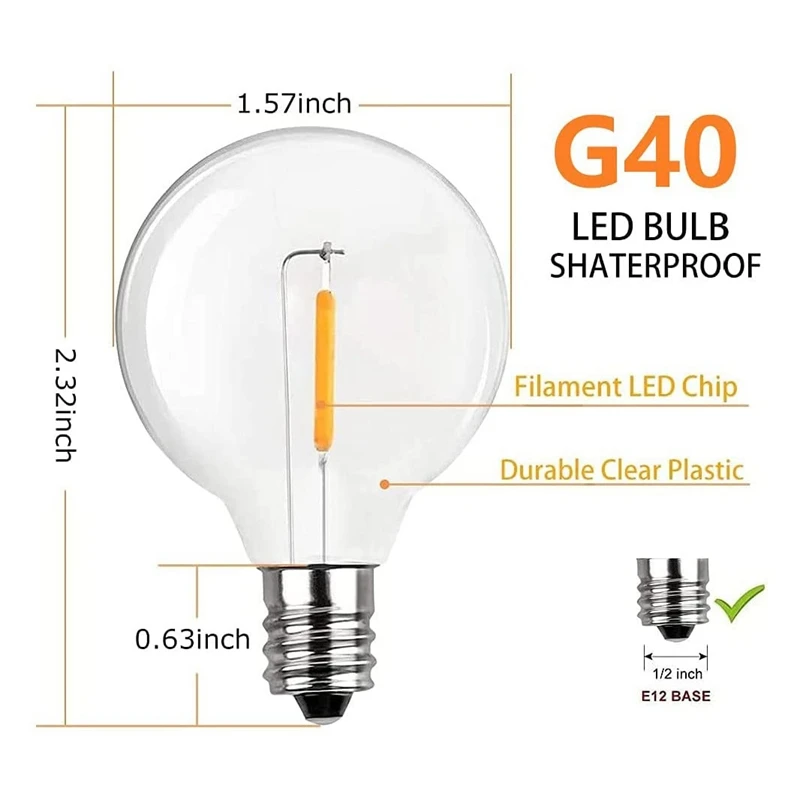 20 Pcs G40 LED Replacement Light Bulbs E12 Screw Base Shatterproof LED Globe Bulbs For Solar String Lights Warm