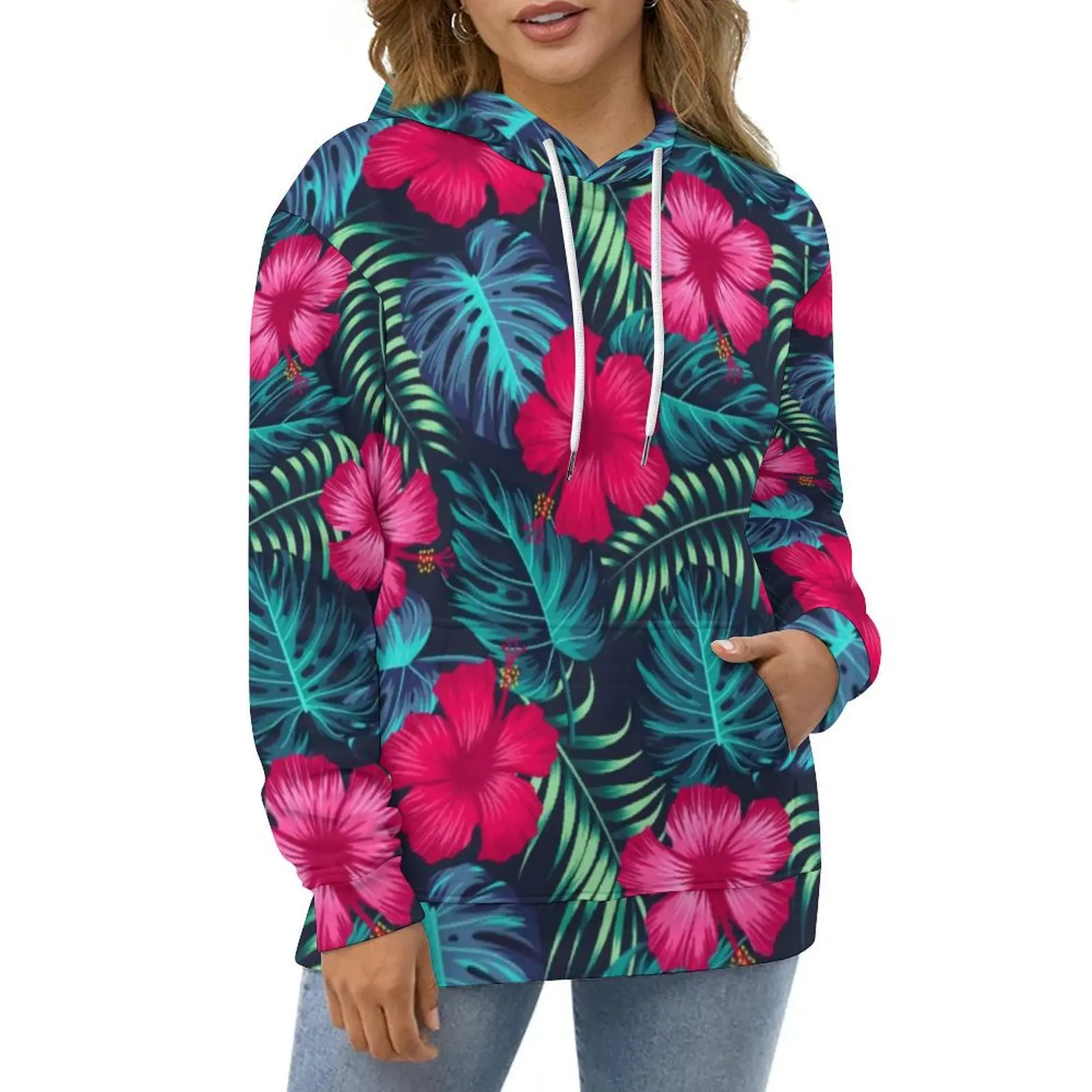 

Tropical Palm Leaves Hoodies Floral Hibiscus Flowers Retro Casual Pullover Hoodie Winter Street Style Loose Hooded Sweatshirts