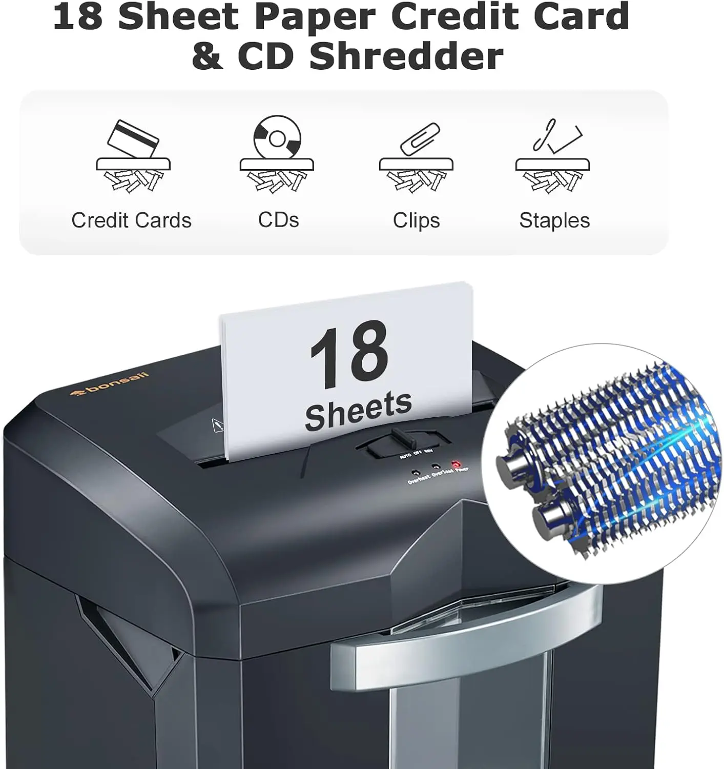 Bonsaii 18-Sheet Cross-Cut Shredder Heavy Duty 60 Minutes for Home Office Use With 4 Casters &6 Gal Pullout Basket