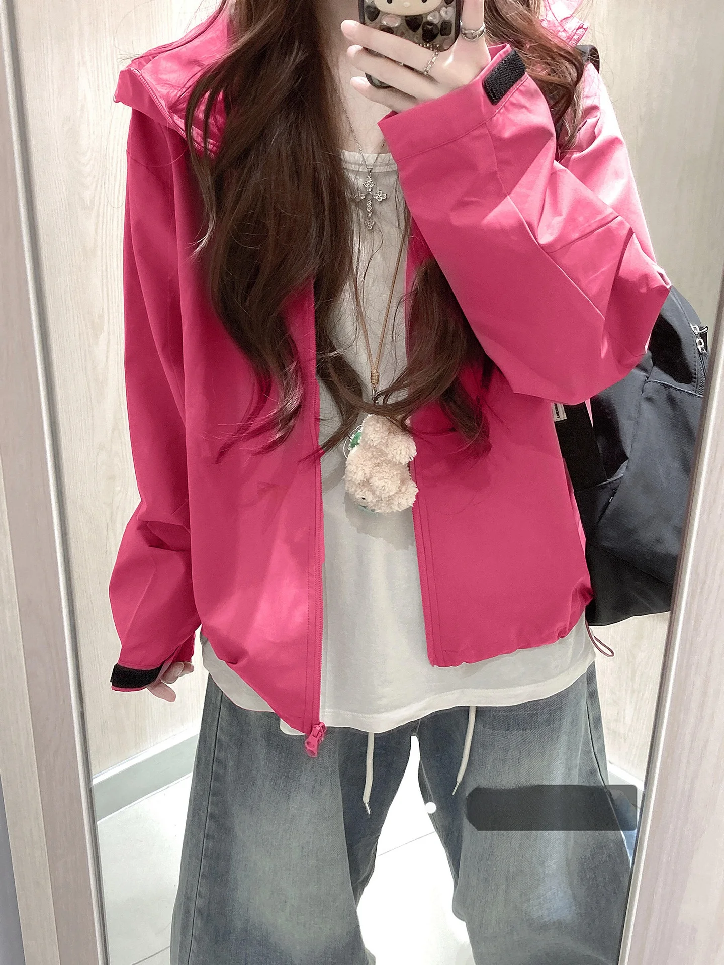 

Sli ort Pink Outerwear Women's Spring 2026 New Korean Unique Beautiful Outdoor Fce Zipper Hooded Jaet