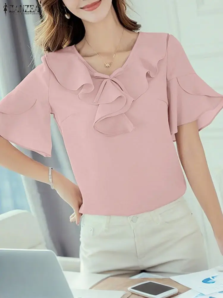 

ZANZEA модная блузка женская элегантная топы с v-образным вырезом 2025 модная туника с рюшами однотонная повседневная свободная летняя пуловеры больших размеров