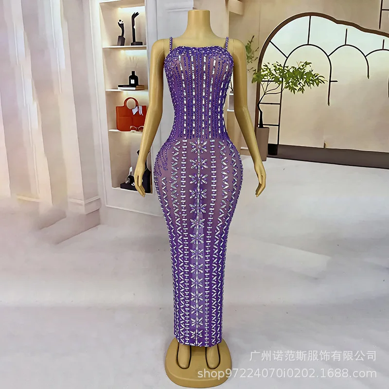 مزاجه الأرجواني مثير الحمالات عطلة نمط فستان مأدبة المضيف أداء نموذج المنصة فستان عصري Abendkleider Hochzeit