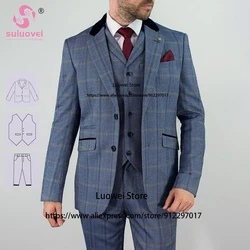 Winter Tweed Pliad Suits For Men Herringbone Wool 3 Piece Pants Set Formal Groom Wedding Tuxedos Blazer Terno Masculino Completo