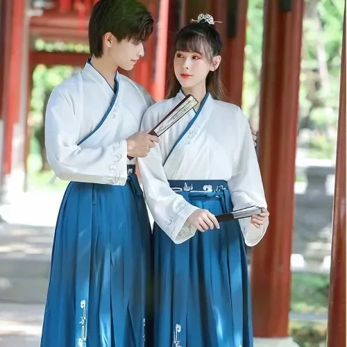 

Chinese Traditional Dragon Embroidered Hanfu Dress Suit Men Woman National Style Loose Big Sleeve Robe Blue Couple Hanfu Dress