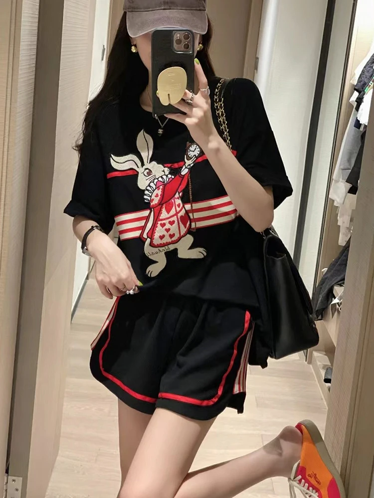 Summer Vintage Embroidered T-Shirts And Shorts conjunto feminino shorts e blusa 2023 Loose Cartoon Tops Two Piece Set For Women