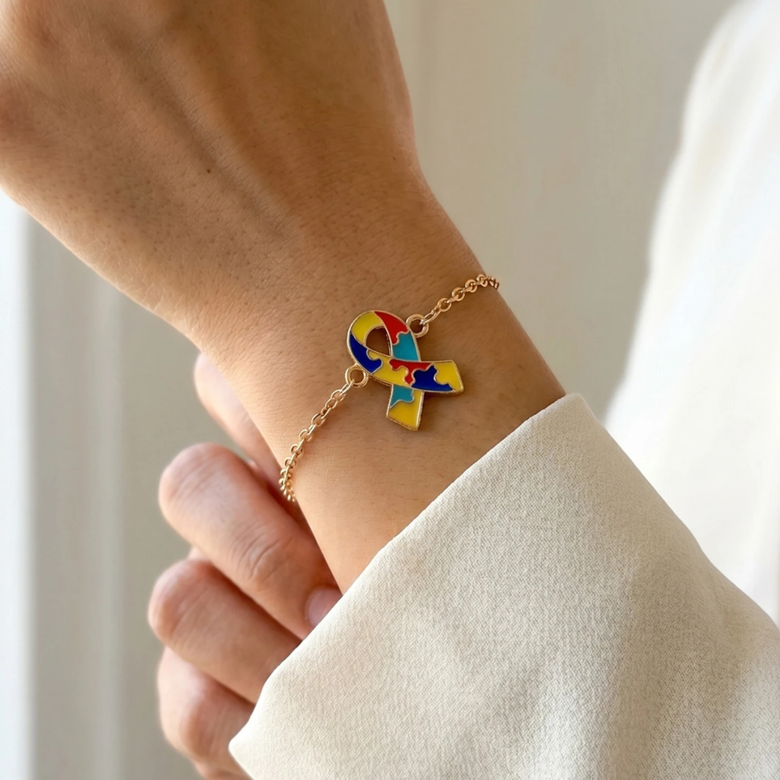 3Pcs Autism Awareness Puzzle Charm Bracelet Set, Gold Plated Adjustable Thin Chain Enamel Jewelry, Charity Support Gift