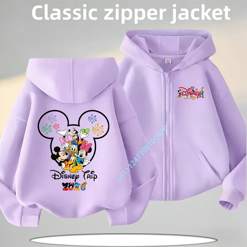Disney Kawaii 2026 Fashion Disneyland Trip Vacation Clothes Caricature Zip Hoodie Children Top Cartoons Girl Clothes Boy Kids view 4