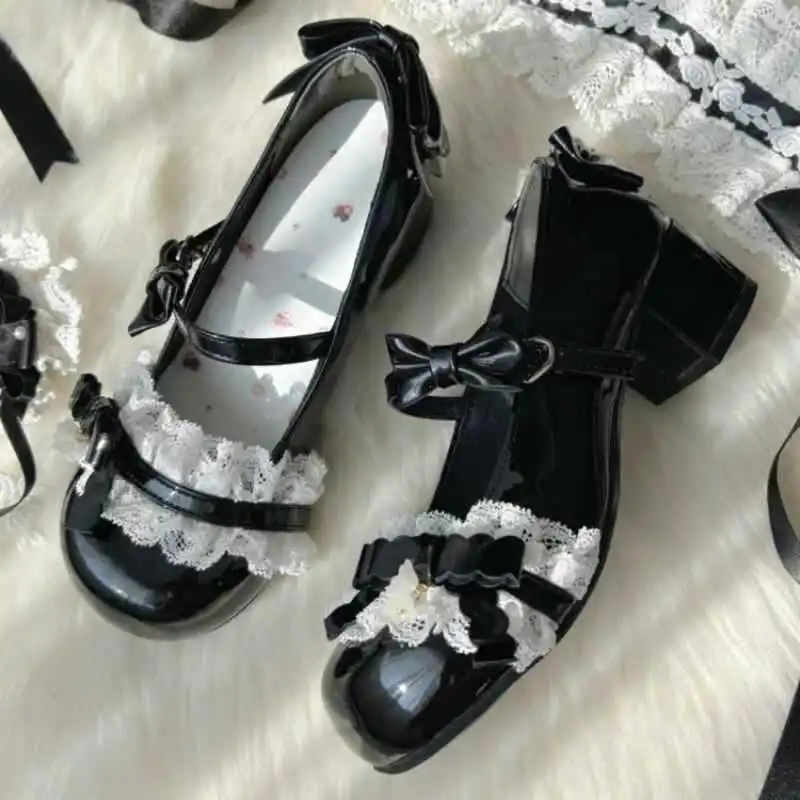 

Mary Jane Women's Spring/Summer New Style Lolita Lace Bow Round-Toe Low-Cut Princess Style Thick-Soled Single-Sole Shoes，35-40