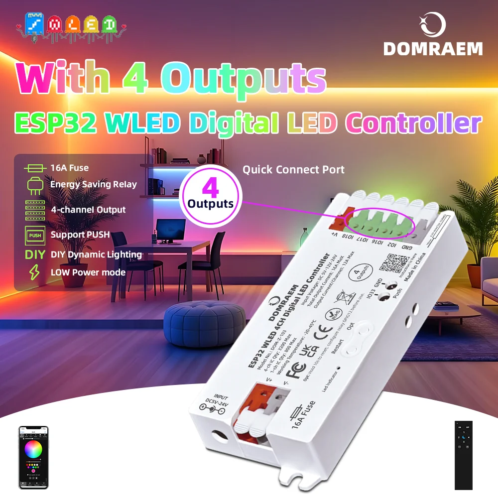 DOMRAEM 4CH Addressable ESP32 WLED Controller Low Power 16A Fuse DC5-24V Level Shifter for WS2811 WS2812B SK6812 RGBIC LED Strip