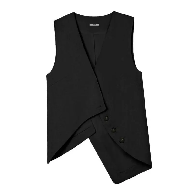 

Новинка 2026, женский асимметричный костюм на весну и лето, жилет, женский тонкий жилет с v-образным вырезом для поездок на работу, топ без рукавов на пуговицах, черная верхняя одежда