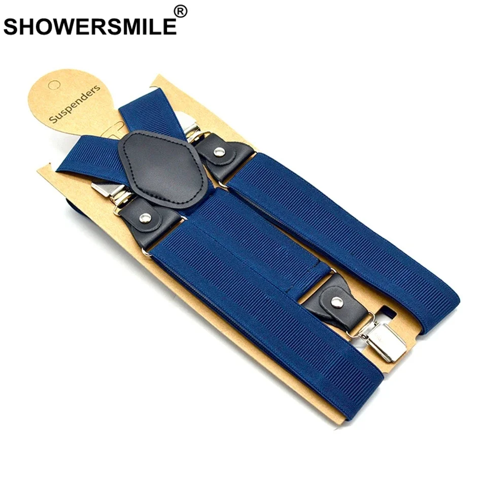 SHOWERSMILE Navy Suspenders for Pants 3 clips Mens Trouser Belt Elastic Adjustable Braces Adult Wide Strap 120cm Male Suspender