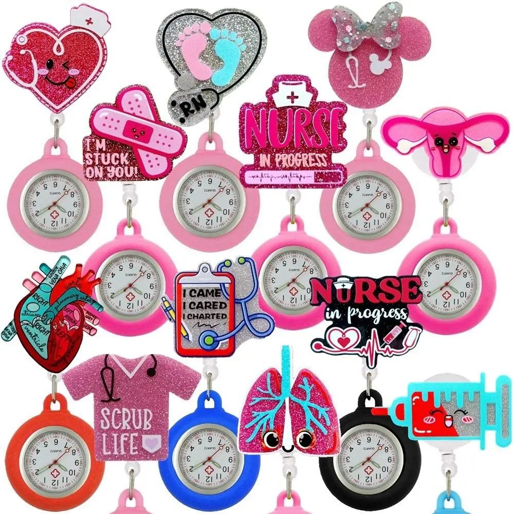 Retractable Retractable Pocket Watch Multi-functional Silicone Badge Reel Clip-On Cartoon Glitter Clip-On Pocket Watch Hospital