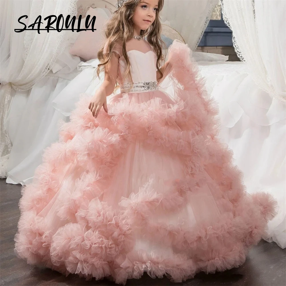 

New Cheap Flower Girls Dresses For Wedding Blush Pink Ball Gown Cap Sleeves Tulle Ruffles Tiered Beaded Children Kids Party