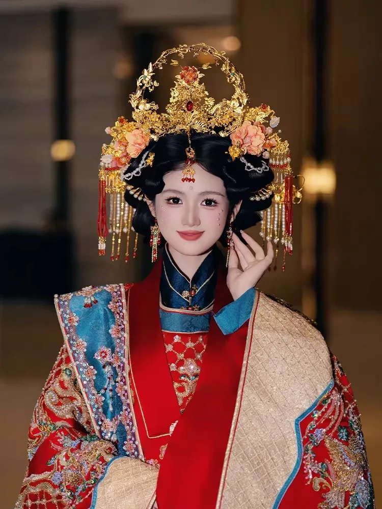 Hanfu Bride Ming Dynasty Phoenix Crown Hair Accessories Grand Luxurious Tassel Flower Hairpins Ancient Chinese Wedding Headwear