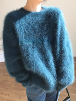 Blue Mink Fleece Sweater for Women Autumn Winter Thickened Soft Knitted Jumpers LOOSE Oversized Solid O Neck Women's Pullovers