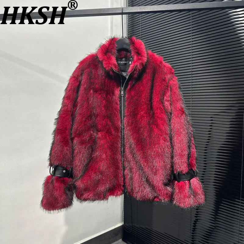

HKSH Winter New Men Tide Punk Korean Stylish Fashion High Street Faux Fur Coats Stand Collar Zipper Loose Vintage Jacket HK18173