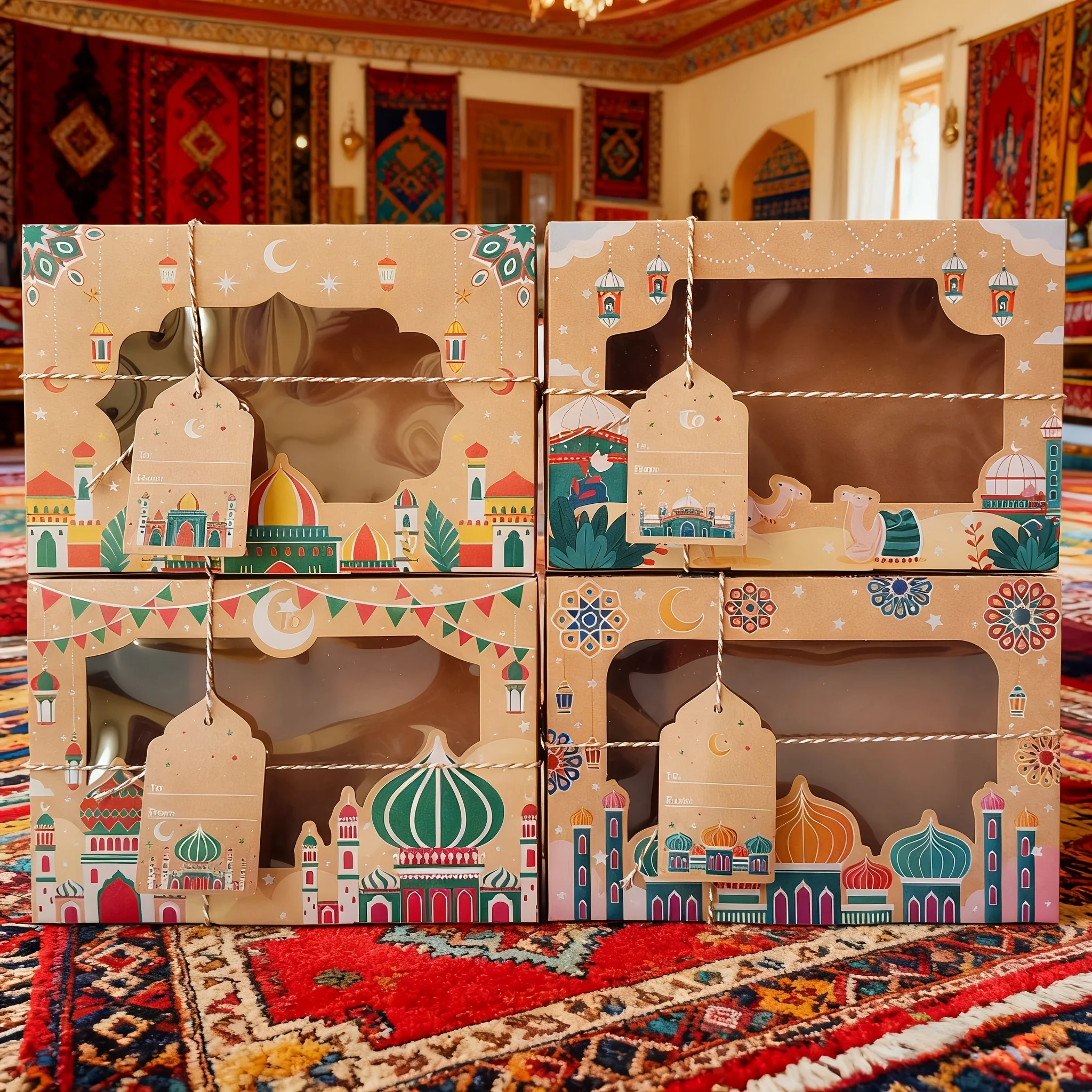 12/24 pcs EID Mubarak Vintage Window Kraft Paper Box with Gift Tags Ramadan Mubarak Candy Box Bags EID Party Packaging Boxes