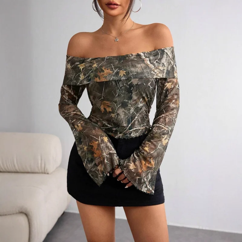 

2025Autumn New Women's Mesh Printed Off-Shoulder Long Sleeve Slim FitTWomen's T-shirt