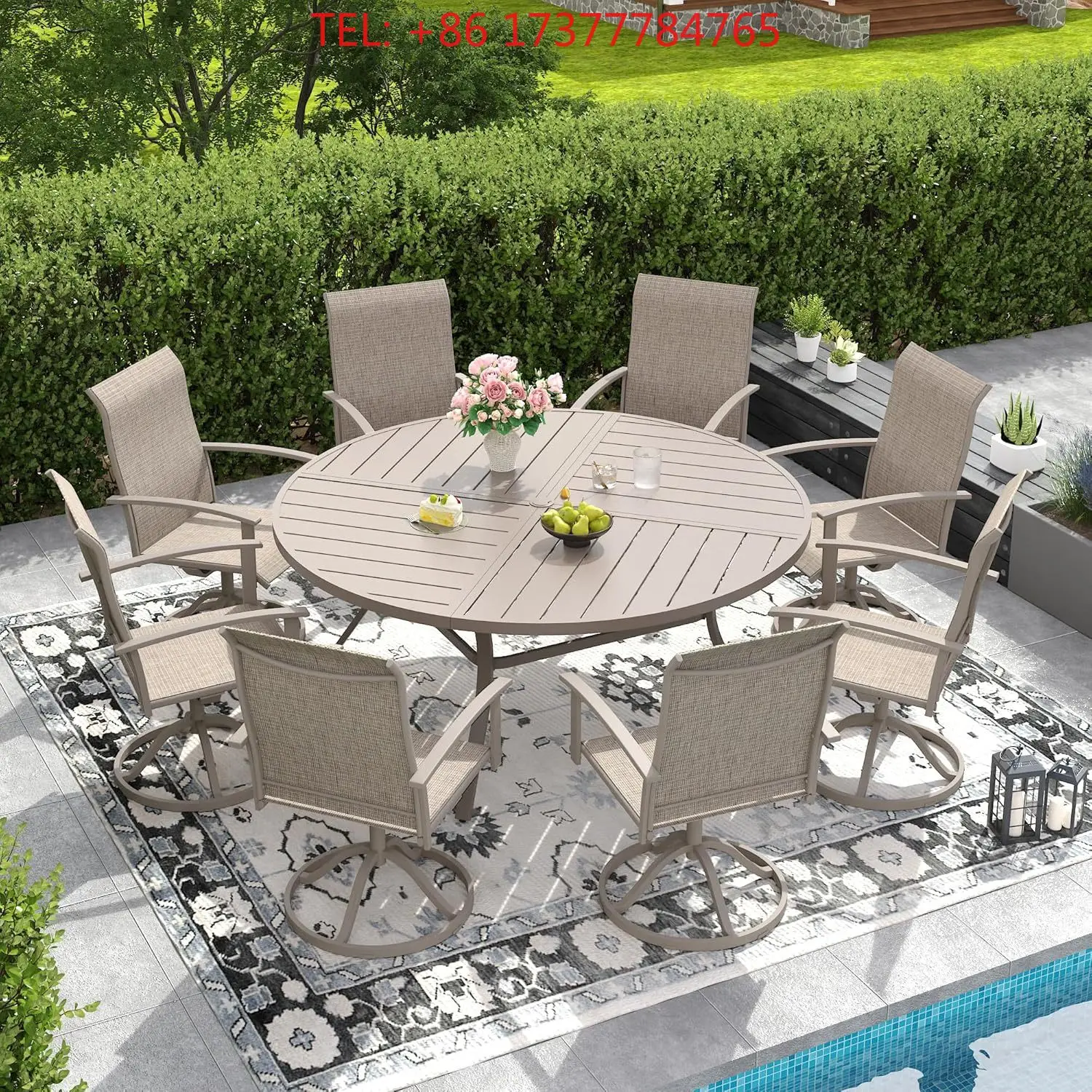 59.8 Inch Round Slatted Metal Outdoor Dining with Umbrella Hole All Weather Patio Furniture Seats 8 to 10 for Garde