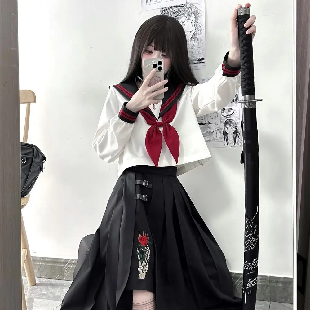 Red Magic Rose JK Dress Bad Girl\'s Poetry Skirt School Skirt Dark Dress JK Uniform Embroidery Sailor Uniforms JK Cosplay Costume